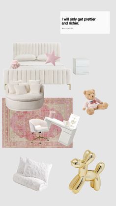 there is a bed, chair and teddy bear on the floor in this bedroom design board