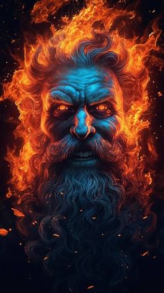 the face of an evil man with blue eyes and red hair, surrounded by flames