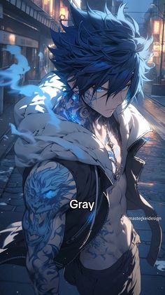 an anime character with blue hair and tattoos standing in the middle of a city street