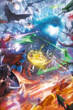 an image of a group of people in the middle of a battle with dragon like creatures