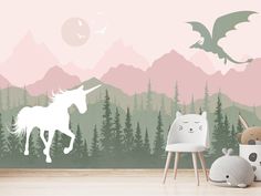 a room with pink and green wallpaper that has a unicorn on it, an animal in the foreground