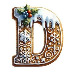 the letter d is decorated with icing and holly