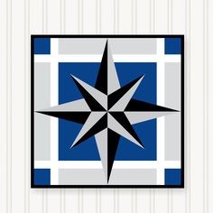 a black and white star is on a blue and gray plaid wallpaper with vertical stripes