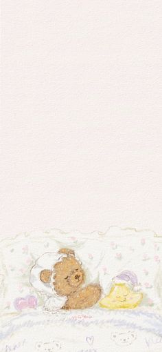a teddy bear laying on top of a bed next to a white wall with pink flowers