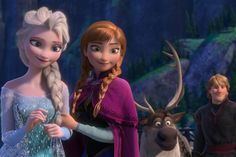 two frozen princesses standing next to each other in front of a forest with deer