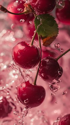 some cherries are floating in the water and on top of each other with bubbles