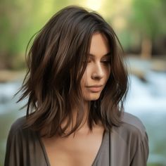 93 Stunning Medium-Length Layered Haircuts Trending Right Now Hair Color In Your 40s, Layered Haircuts For Fine Medium Hair, Dark Hair Long Bob, C Cut Hairstyle, Medium Length Hair With Layers Side Part, Bob With Long Bangs, Rambut Brunette, Medium Length Hairstyle