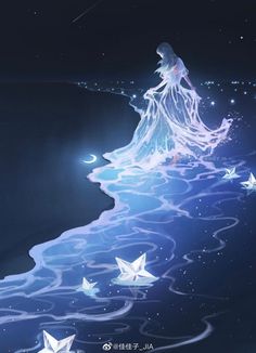an image of a woman floating in the water with stars on her head and body