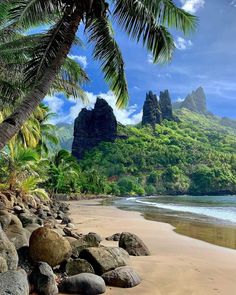 the beach is lined with rocks and palm trees, as well as mountains in the distance