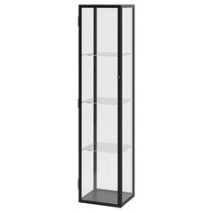 a tall glass display case with two shelves