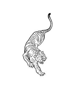 a black and white drawing of a tiger jumping in the air with it's mouth open