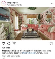 the instagram page on instagram shows an image of a living room with pink furniture and