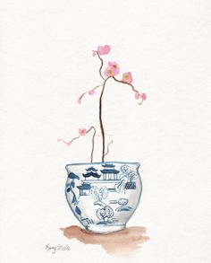 a watercolor painting of a blue and white vase with pink flowers on the inside