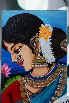 a painting of a woman with flowers in her hair and pearls on her necklaces