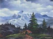 a painting of a mountain scene with a cabin in the foreground