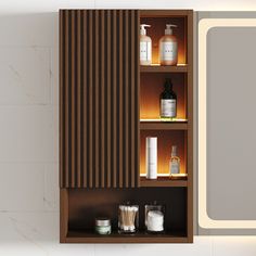 the medicine cabinet has many bottles and containers on it's shelves, along with other items