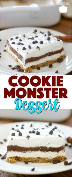 the dessert is decorated with chocolate chips and white frosting, while the cookie monster desert is