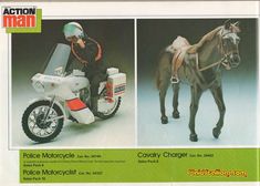 an advertisement for a toy motorcycle with a man riding on the bike and another horse