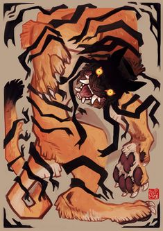 a drawing of a tiger with glowing eyes and claws on it's back legs