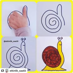 four pictures of different shapes and sizes of snails on white paper with yellow border