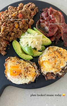 the plate has eggs, avocado, meat and other food items on it