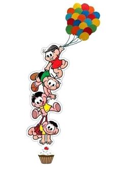 a group of cartoon characters flying on top of each other with balloons in the air