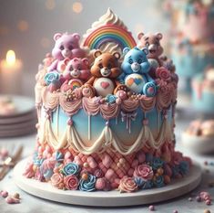 there is a cake decorated with teddy bears and rainbows