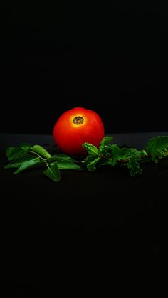 a tomato sitting on top of green leaves next to it's ripening stems