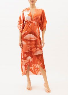 Orange Floral silk maxi dress Half Kimono, Katherine Dress, Coast Outfit, Resort Wear Dresses, Honeymoon Outfits, Destination Wedding Dress, Timeless Dress, Empire Waistline, Kimono Sleeves