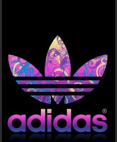 the adidas logo is shown on a black background with pink and blue swirls