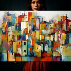 a woman holding up a large painting with buildings in the background and a red dress underneath it