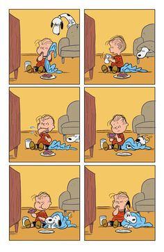 a cartoon strip with a person laying on the floor next to a chair and dog