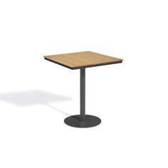 a square table with a wooden top and metal base, on an isolated white background