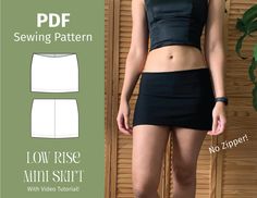 a woman in black top and skirt standing next to bamboo wall with text overlay that says sewing pattern low rise mini skirt