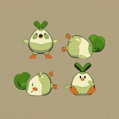 some green and white birds with orange beaks on their heads, sitting in the middle of four different positions