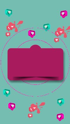 a pink bed with hearts floating around it on a blue and green wallpaper background