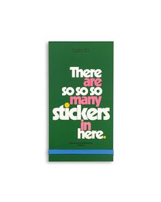 green sticker book cover with There are So So So Many Stickers in Here text graphic with blue elastic closure at bottom