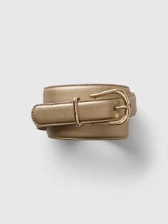 Smooth vegan leather belt.  Gold round buckle at front.  Width: 1" For more fit and sizing info, check out our Size Guide. Belt Gold, Metallic Gold, Leather Belt, Size Guide, Vegan Leather, Gold Metal, Gap, Fashion Dresses, Buckle