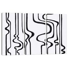 three black and white art pieces with wavy lines on the sides, one has an abstract design