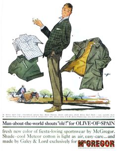 an old advertisement for men's clothing from the 1950's, featuring a man holding clothes