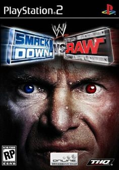 the cover art for wwe raw's playstation game, with an evil looking face