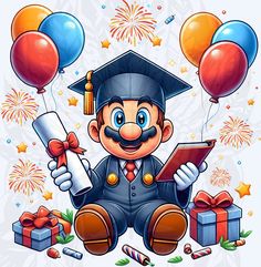 a cartoon character holding a diploma and some balloons