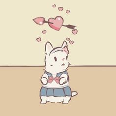 a cat with a bow tie standing in front of hearts