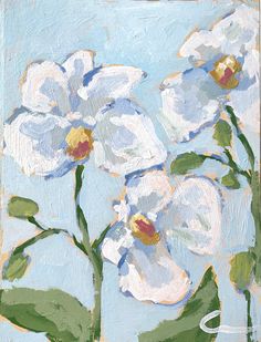 a painting of white flowers on a blue background