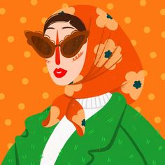 a woman wearing sunglasses and a green jacket with flowers on her head is holding a cat