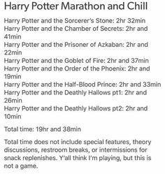 the harry potter marathon and chill list is shown in this screenshot from their website