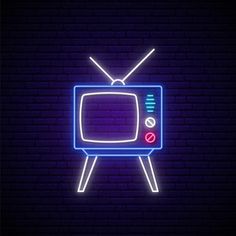 an old tv with two antennas neon sign on brick wall background, retro style illustration