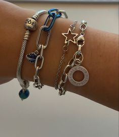 Silver Pandora Bracelet, Aesthetic Bracelet, Pandora Bracelet Charms Ideas, Pandora Star, Silver Pandora, Bracelet Pandora, Star Blue, Nail Jewelry