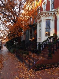 a row of red brick buildings with trees in the foreground and people walking down the sidewalk