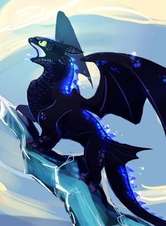 a black dragon sitting on top of a piece of ice with glowing eyes and wings